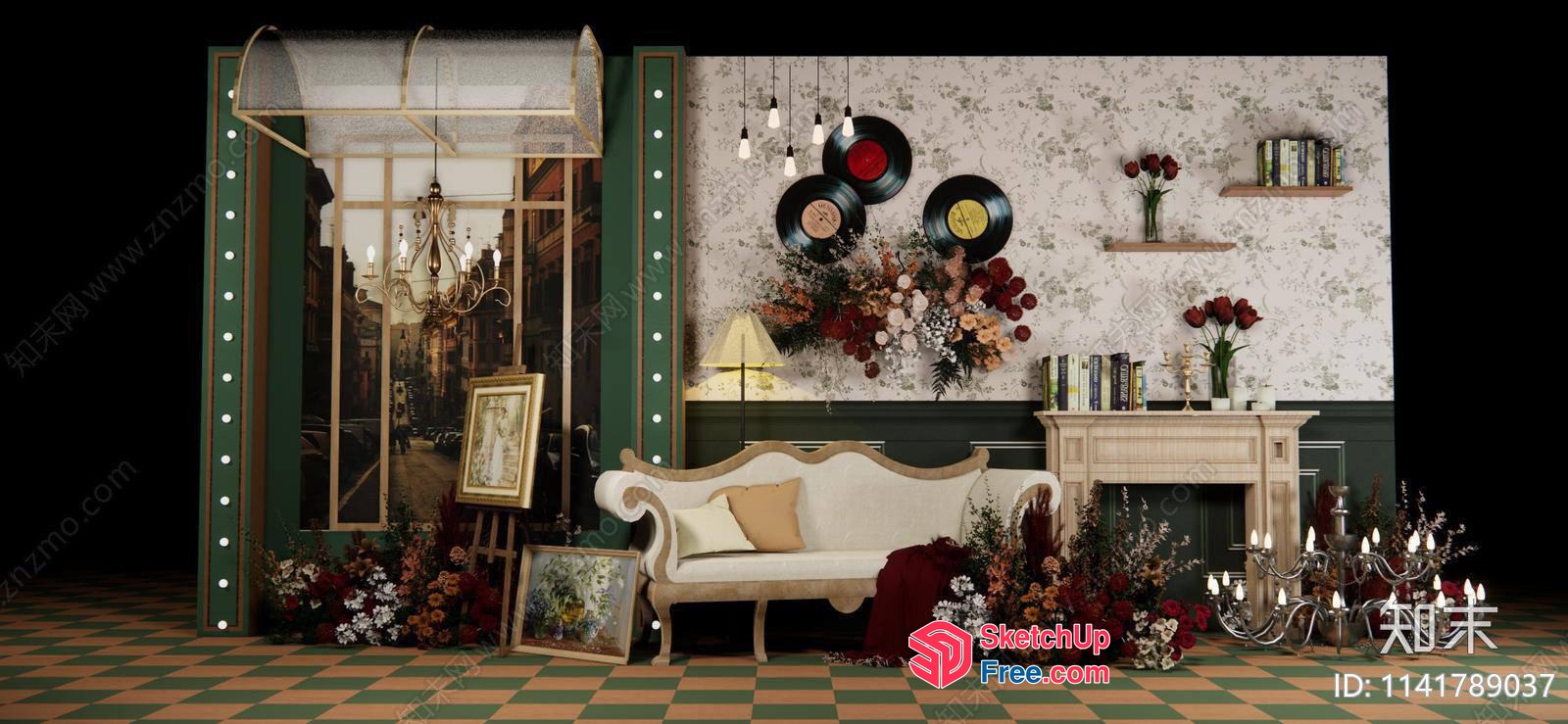 Vintage Style Living Room With Elegant Sofa And Fireplace 3D SketchUp File