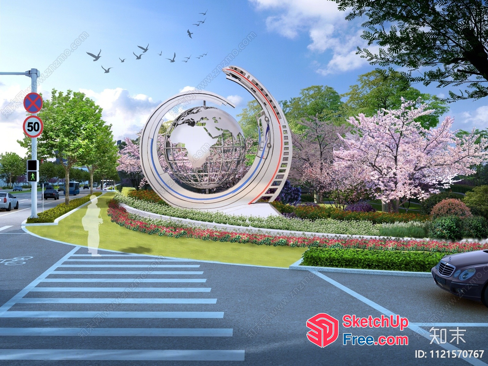 Architectural Rendering Of A Modern Building Entrance With A Unique Sculpture 3D SketchUp File