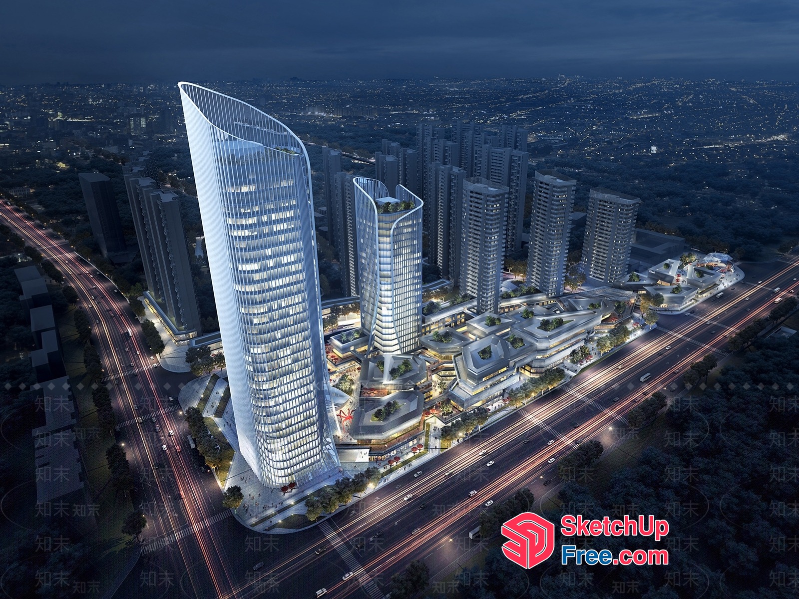 Futuristic Cityscape With Curved Glass Towers And Modern Buildings 3D SketchUp File