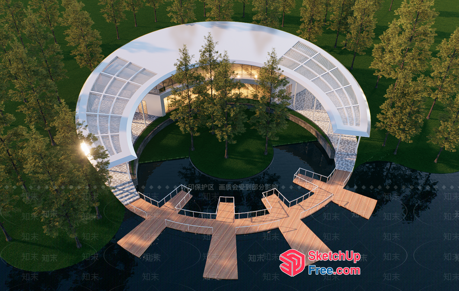 Modern Curved Building With Wooden Stairs And Railing 3D SketchUp File