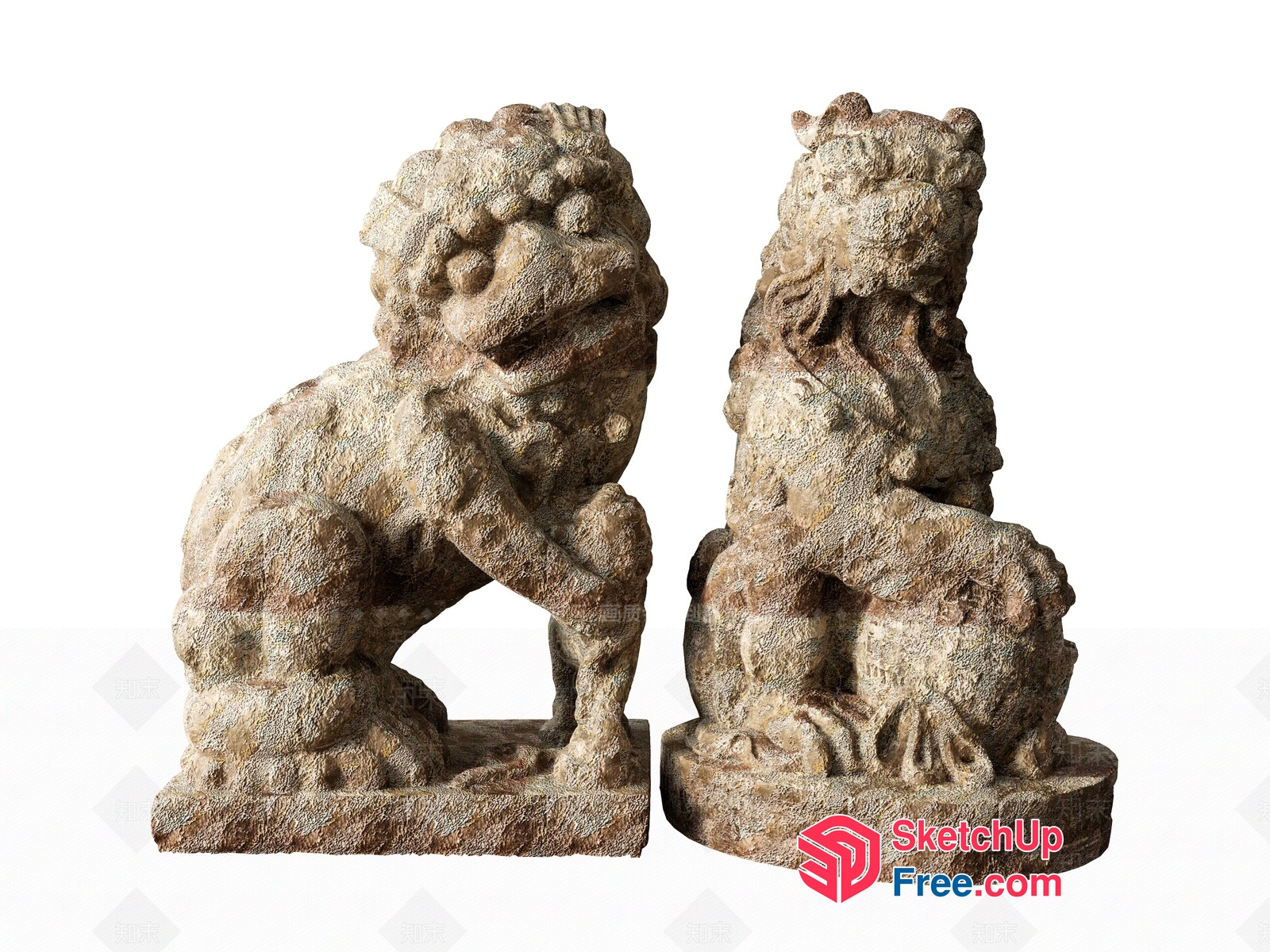 Stone Statues Of Lions Guarding A Building Entrance 3D SketchUp File