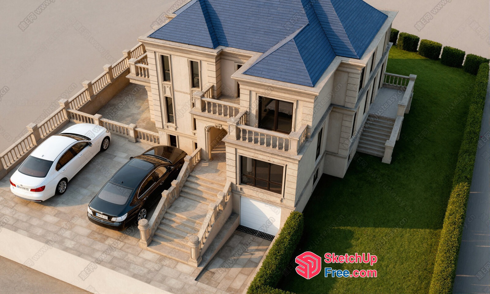 Large Luxury House With Cars Parked In Front 3D SketchUp File