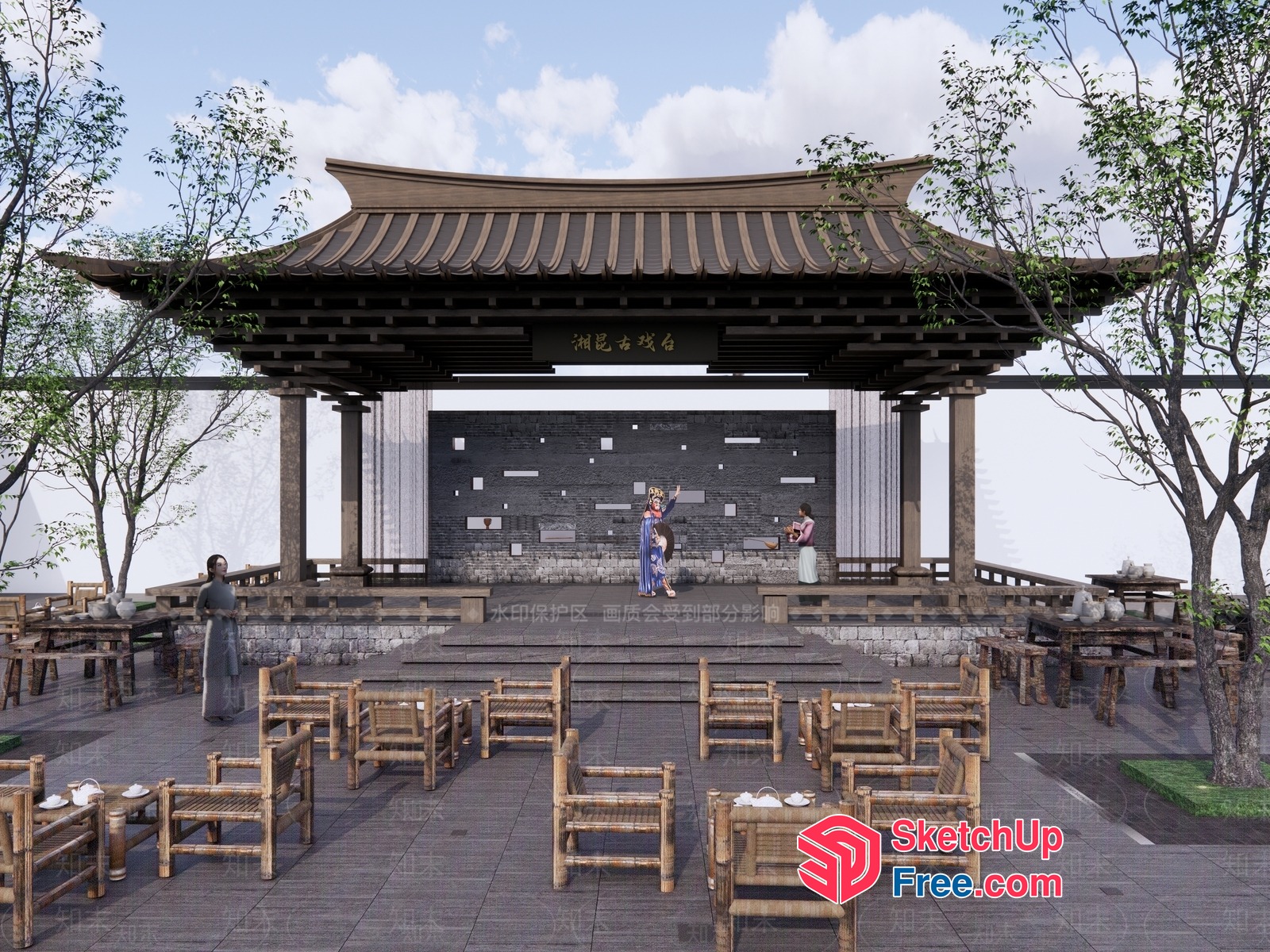 Traditional Asian Stage With Ornate Roof And Pillars 3D SketchUp File