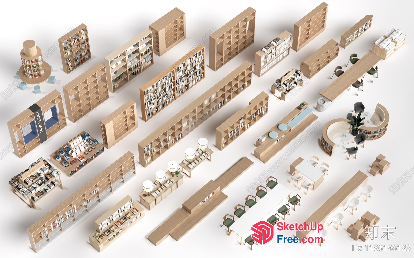 Library Interior Design With Modern Bookshelves And Seating 3D SketchUp File