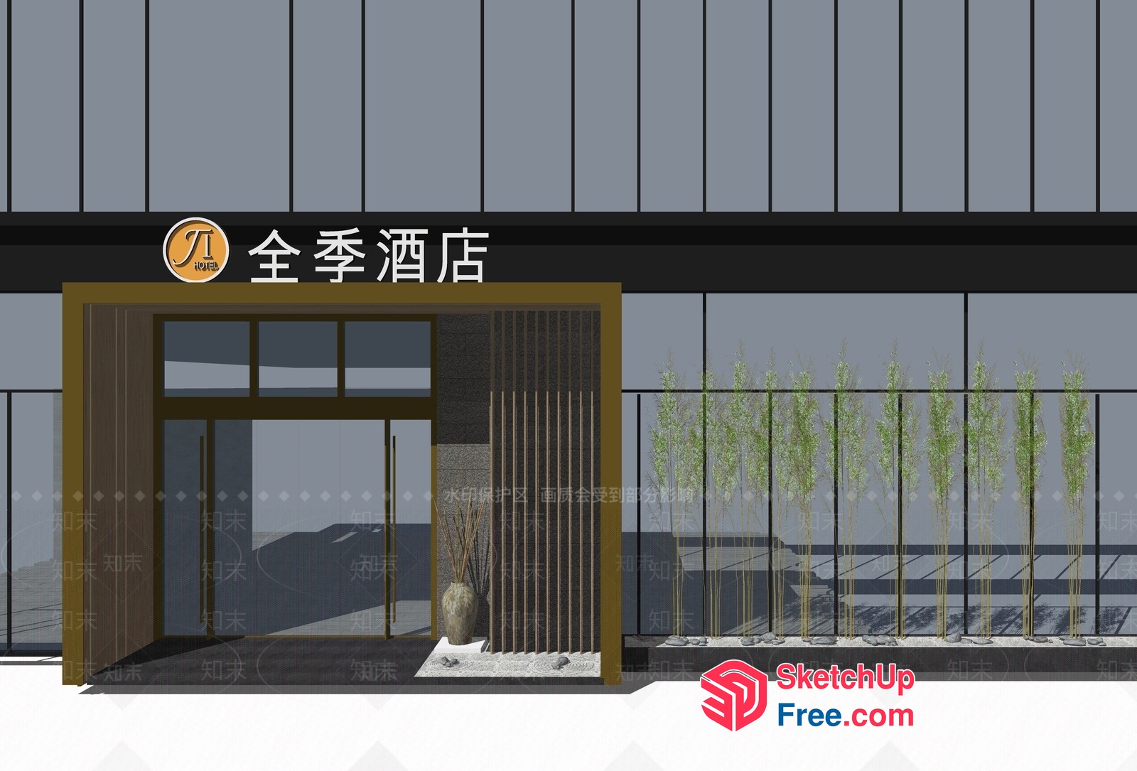 Entrance With Glass Curtain Wall And Pillar 3D SketchUp File