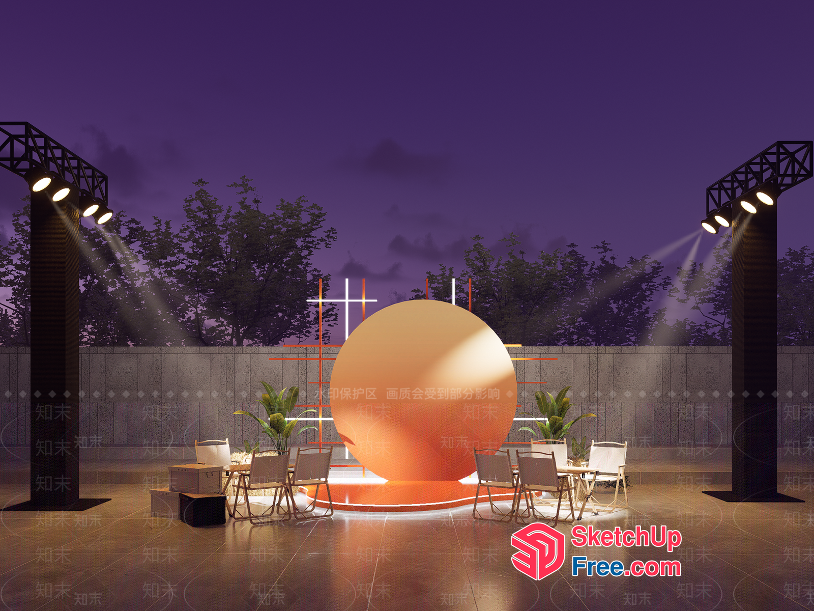 Stage With A Large Orange Sphere And Crosses 3D SketchUp File