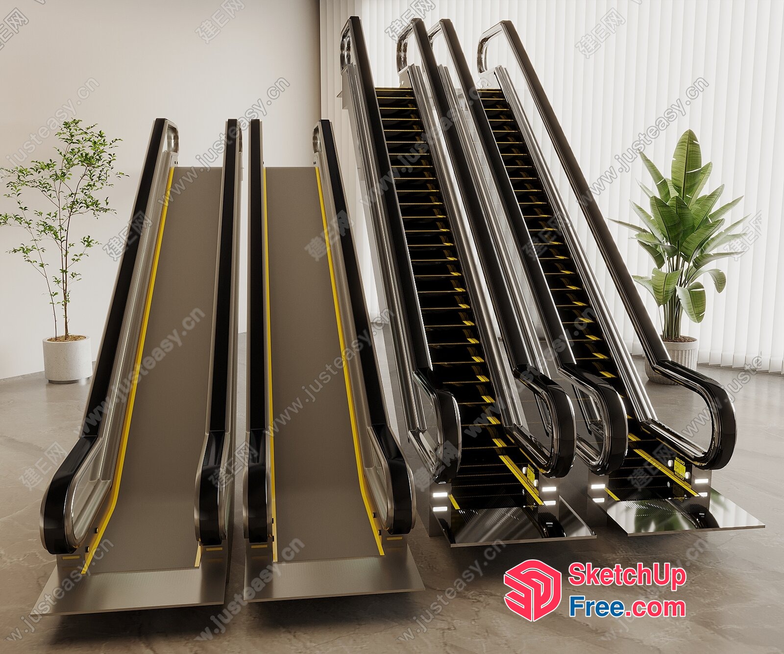 Escalator And Staircase In Modern Interior Space 3D SketchUp File