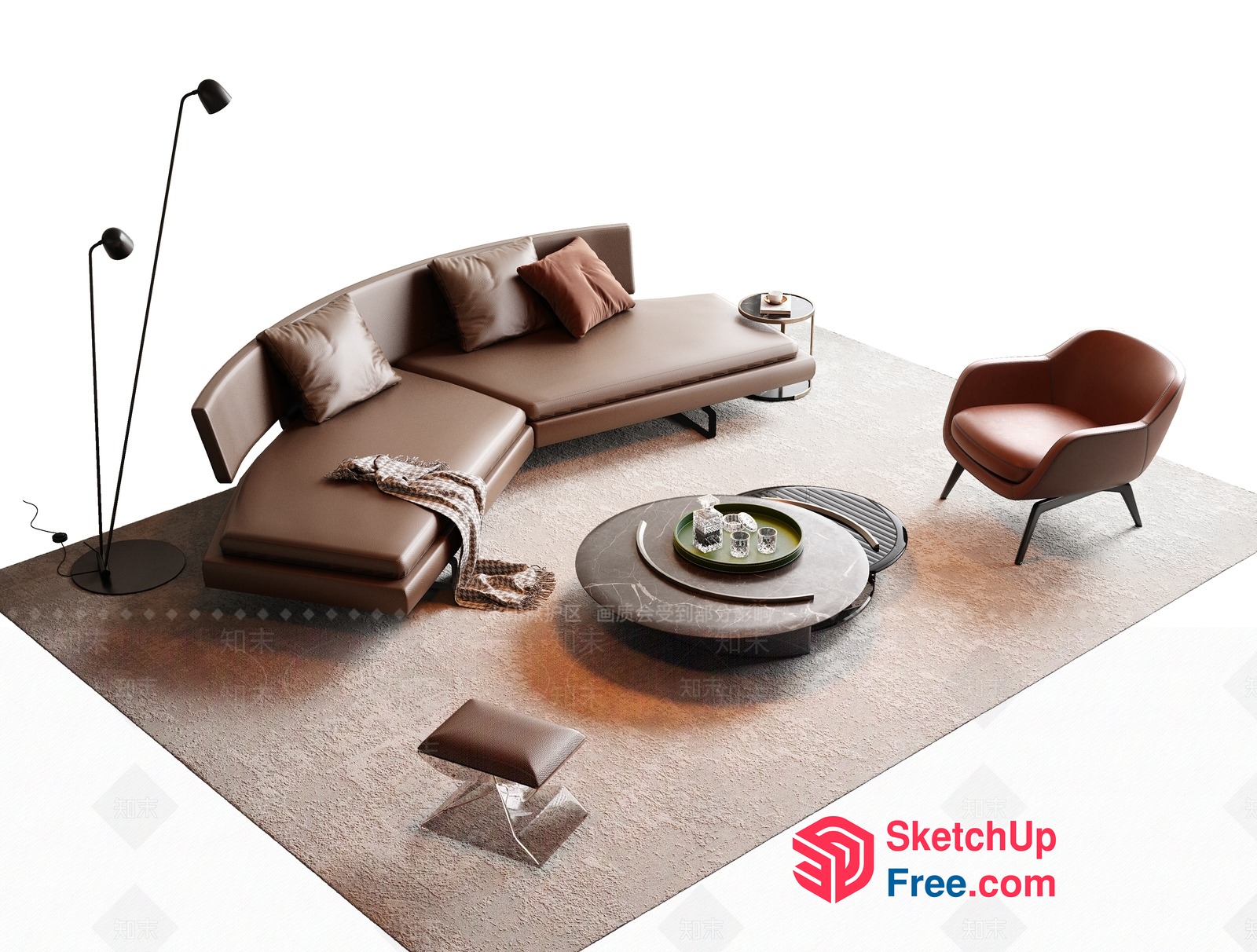 Modern Brown Leather L-Shaped Sofa Set With Brown Pillows 3D SketchUp File