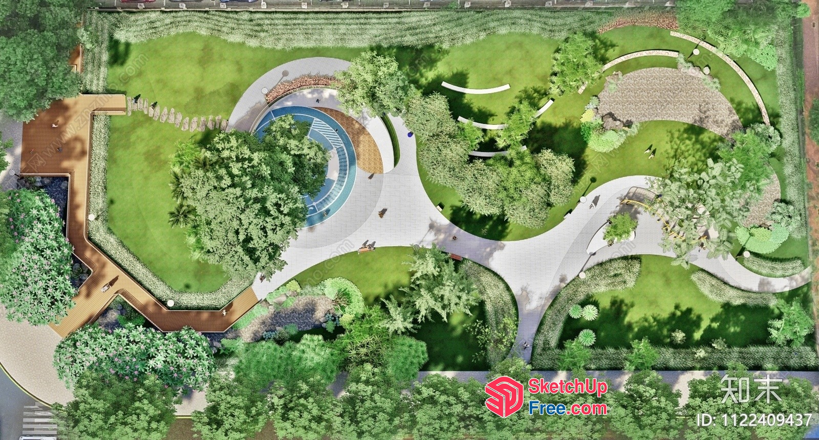 Modern Park Design With Curved Pathways And Water Feature 3D SketchUp File
