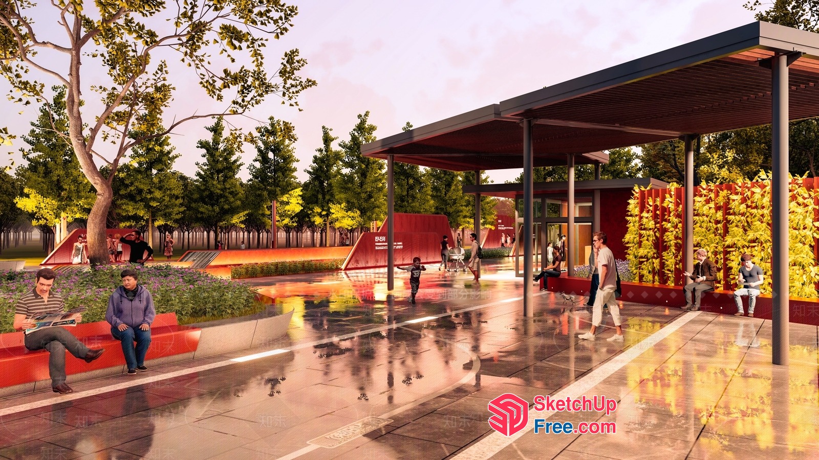 Modern Outdoor Park With Sleek Pavilion And Vibrant Decorations 3D SketchUp File