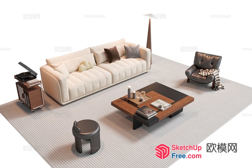 Modern Living Room With Creamy Sofa And Wooden Furniture 3D SketchUp File