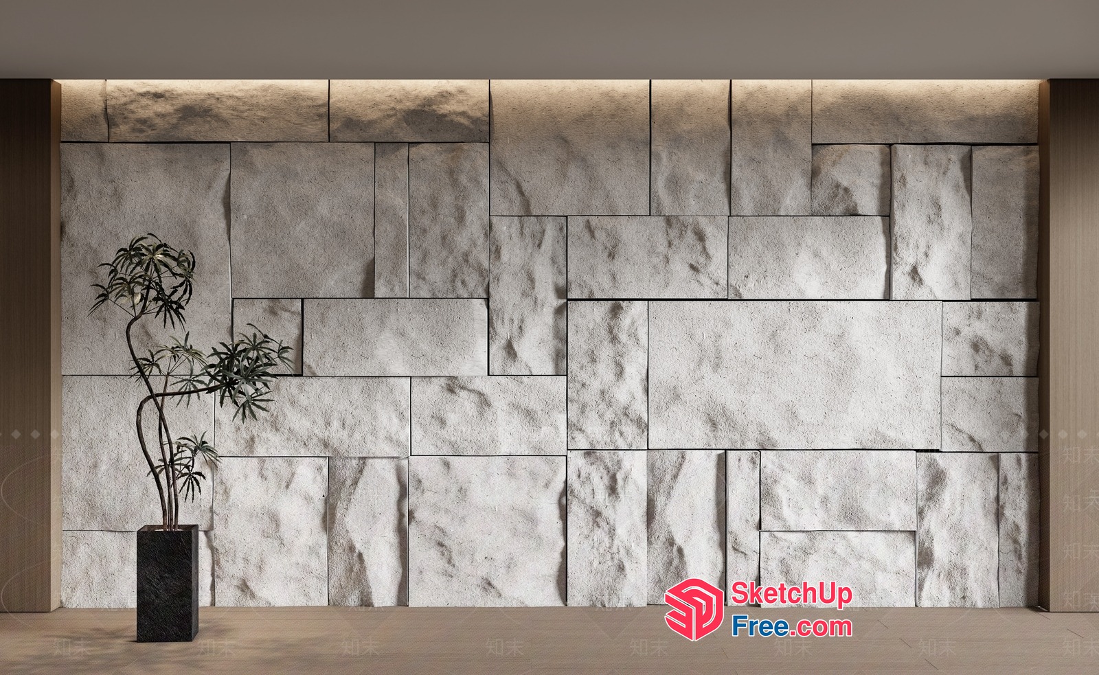 Modern Stone Wall With Potted Plant 3D SketchUp File