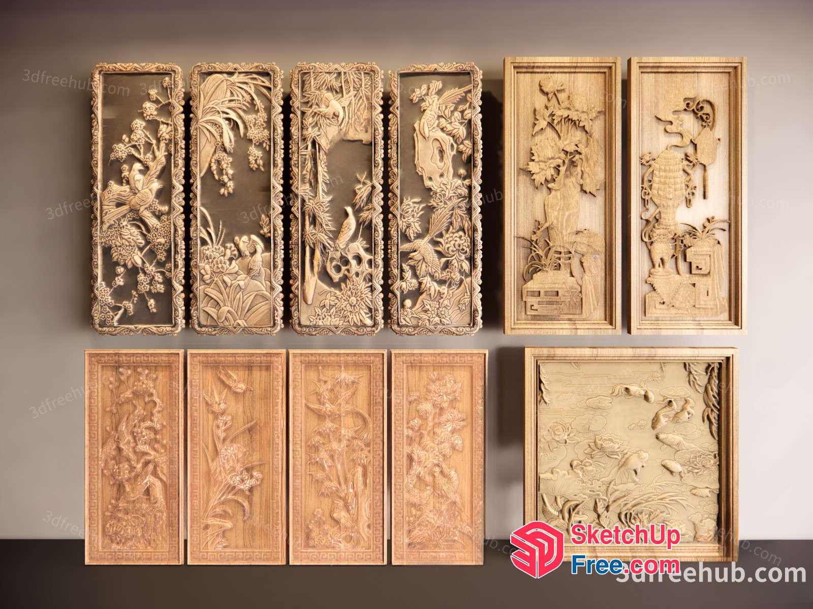 Intricate Carved Wood Wall Art Collection 3D SketchUp File