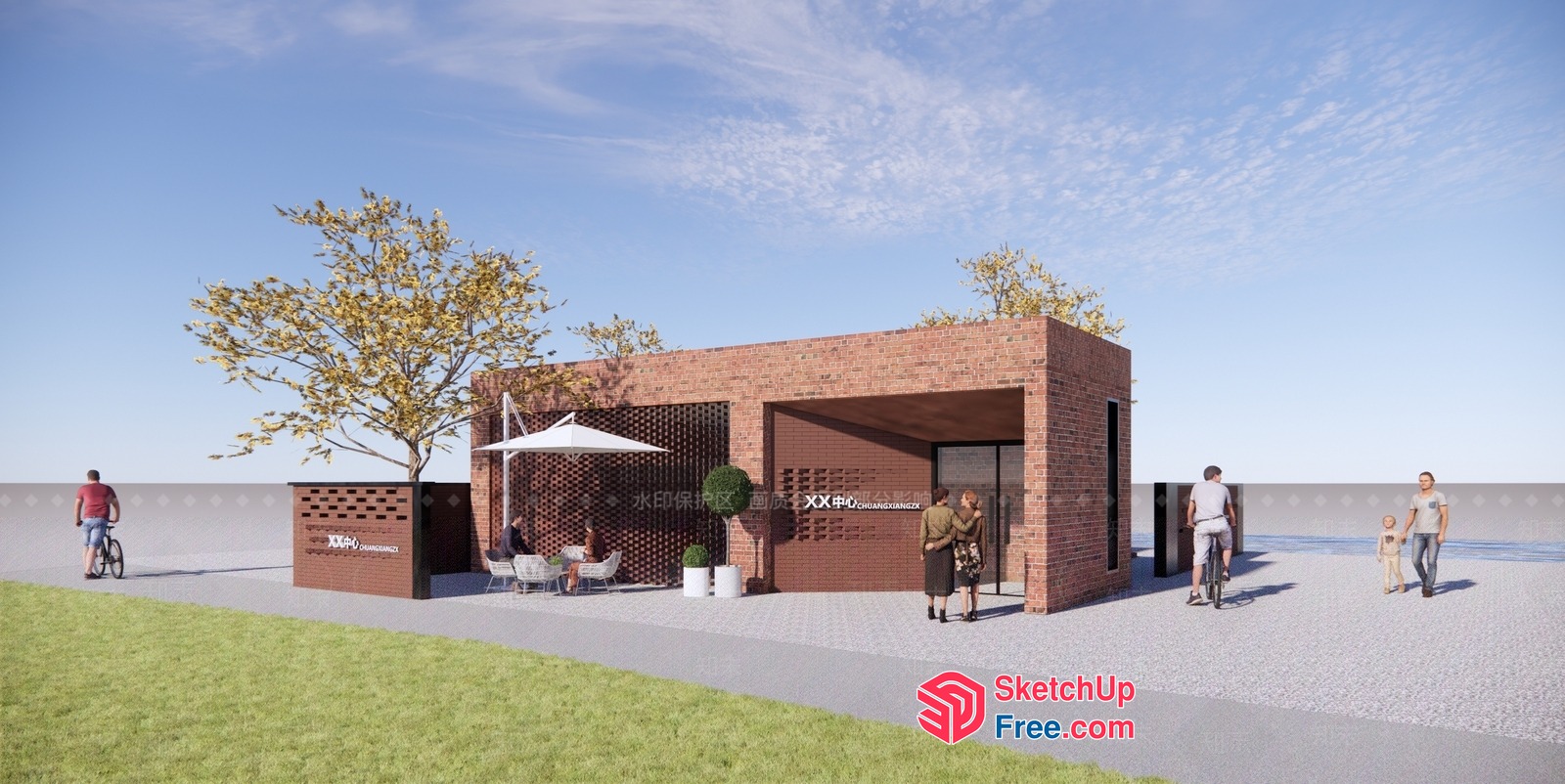 Modern Brick Building With Outdoor Seating Area 3D SketchUp File