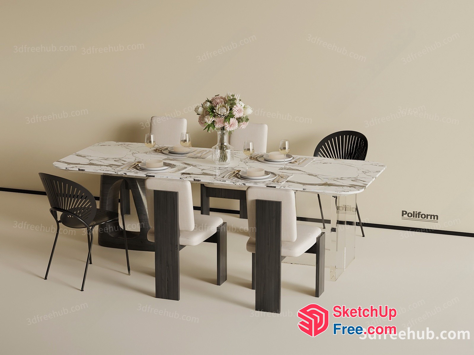 Elegant Modern Dining Room Setting With White Table And Chairs 3D SketchUp File