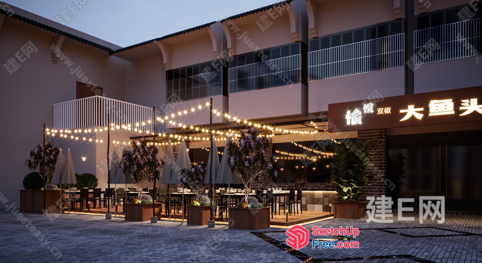 Modern Restaurant Exterior With Outdoor Seating And Decorative Lighting 3D SketchUp File