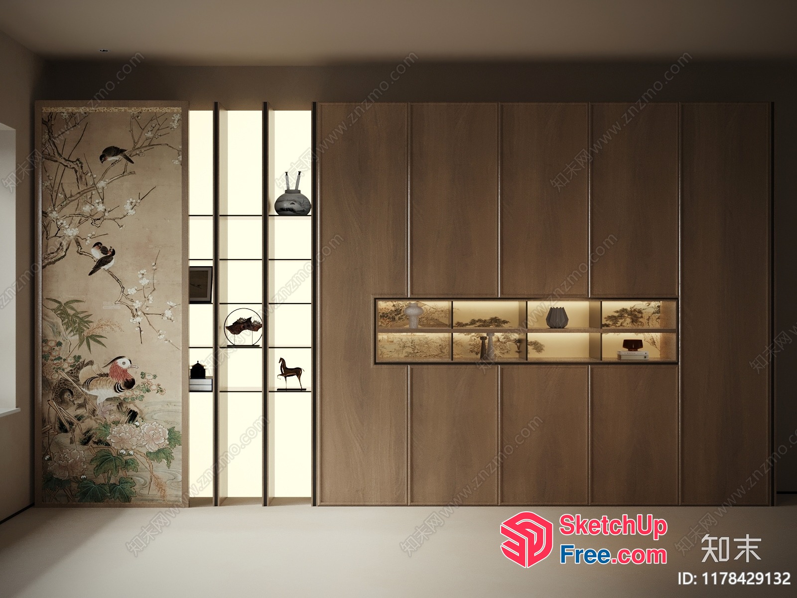 Asian-Inspired Decorative Shelving Unit With Animal Motifs 3D SketchUp File