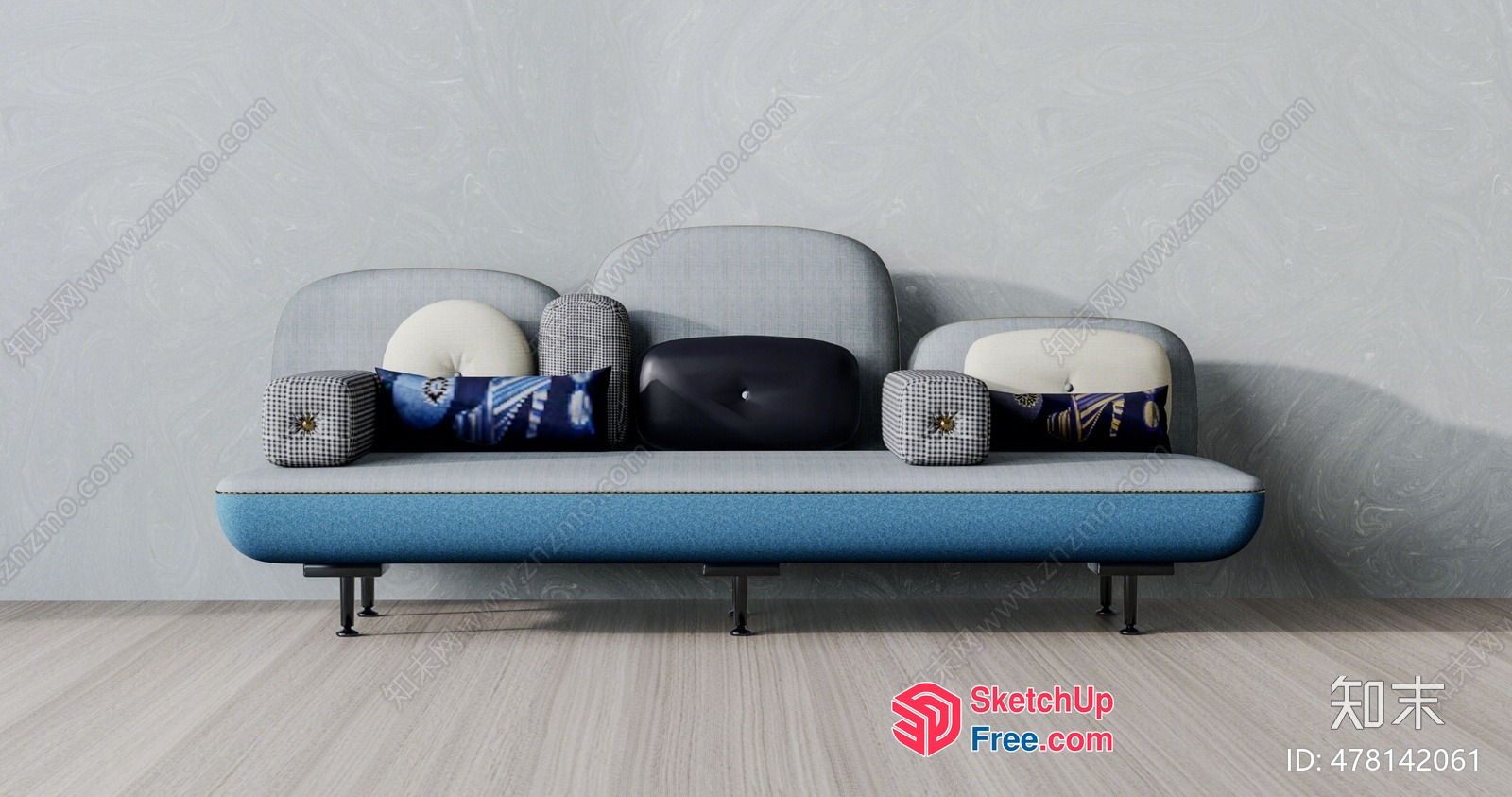 Elegant Blue And Grey Sofa With Pillows 3D SketchUp File