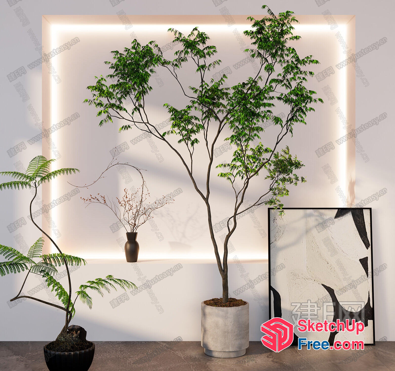 Potted Plant With Tree In Front Of A White Wall 3D SketchUp File