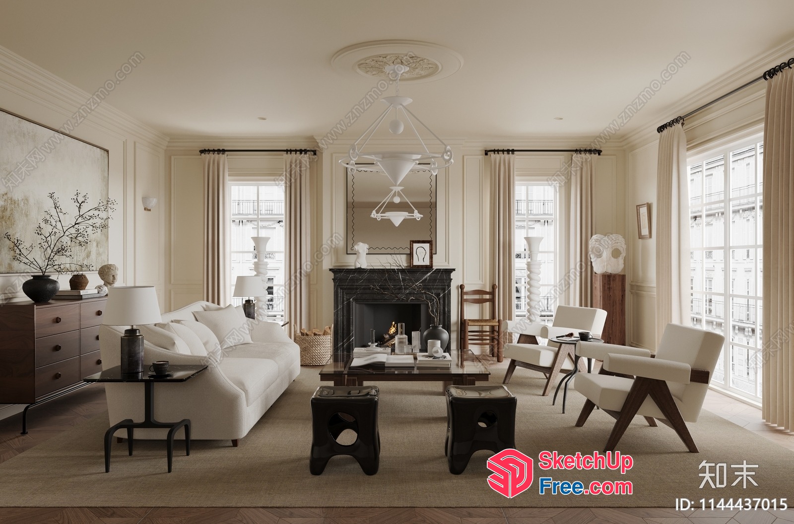 Elegant Living Room With White Sofa And Fireplace 3D SketchUp File
