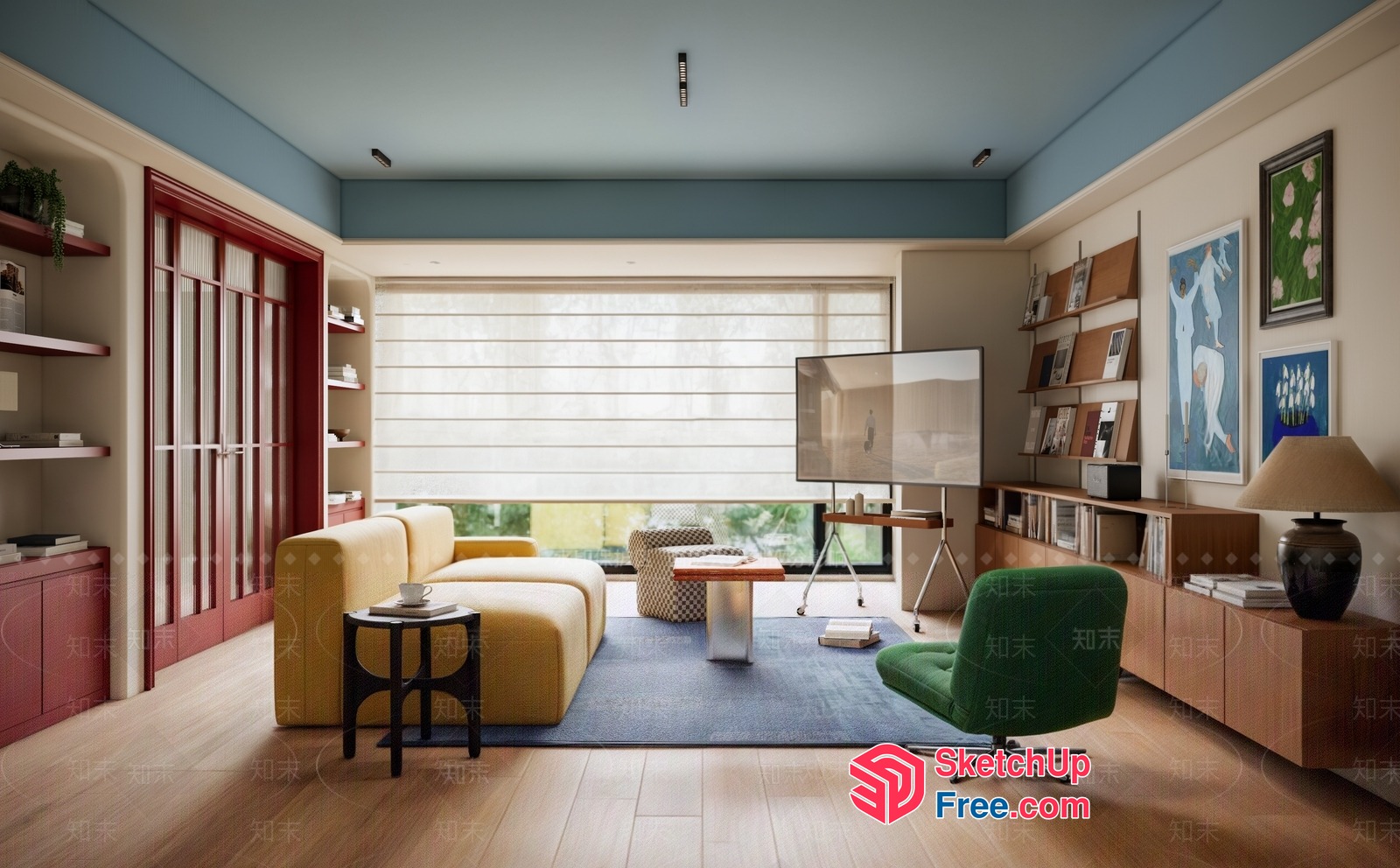 Modern Living Room With Yellow Couch And Green Chair 3D SketchUp File