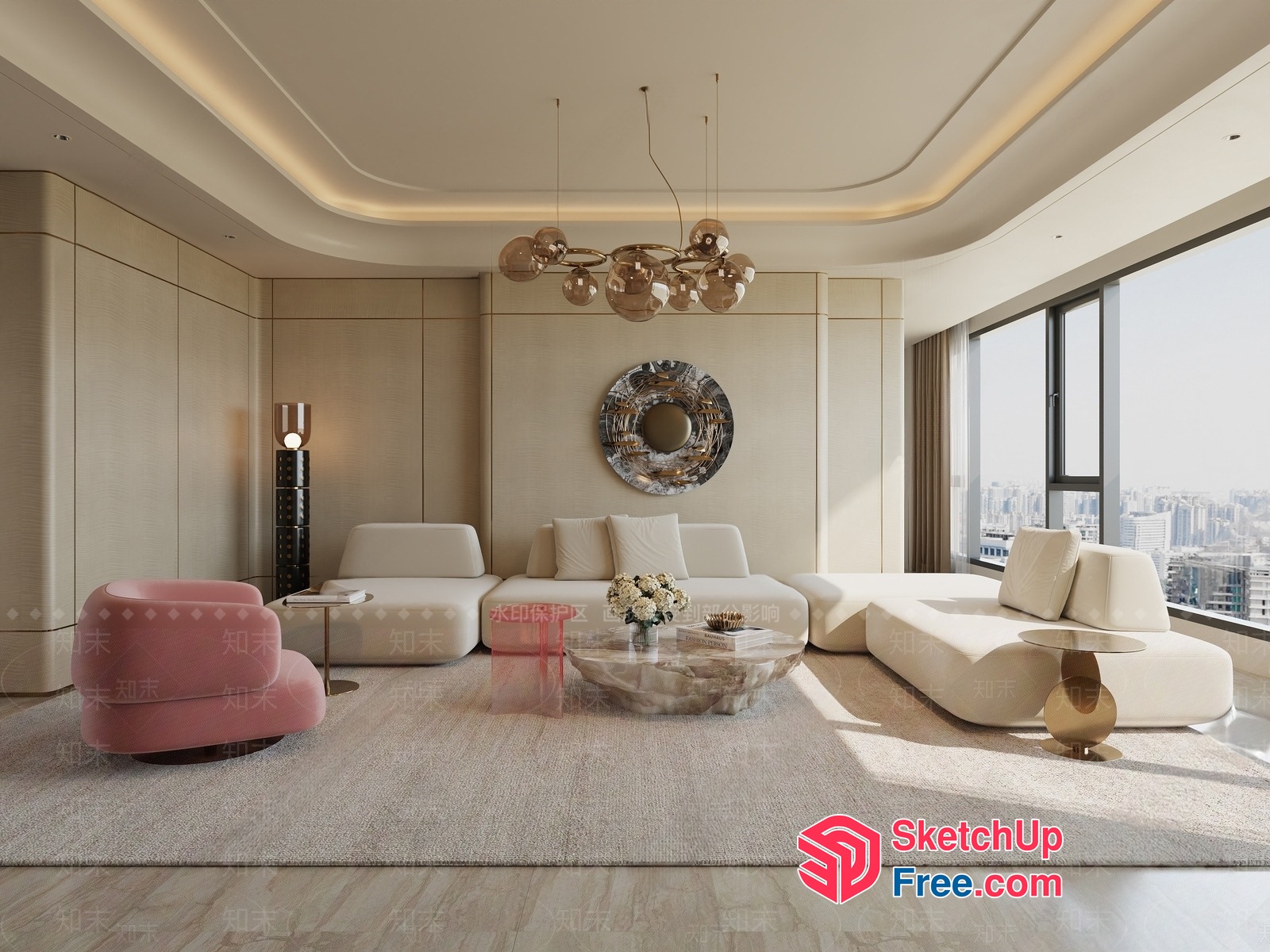 Luxurious Modern Living Room With Curved Lines And City View 3D SketchUp File