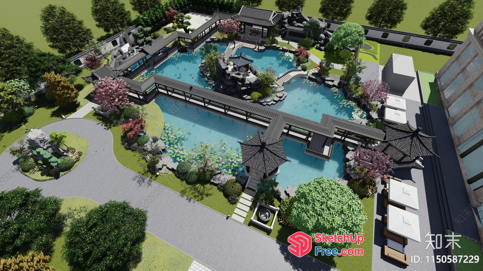 Asian-Inspired Resort With Lush Garden And Swimming Pool 3D SketchUp File