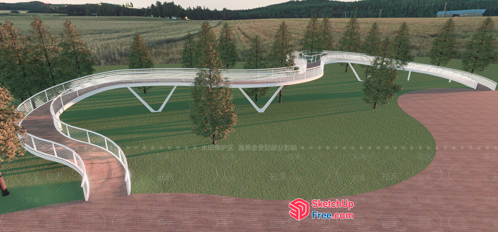 Curved Staircase And Railing In A Lush Green Landscape 3D SketchUp File