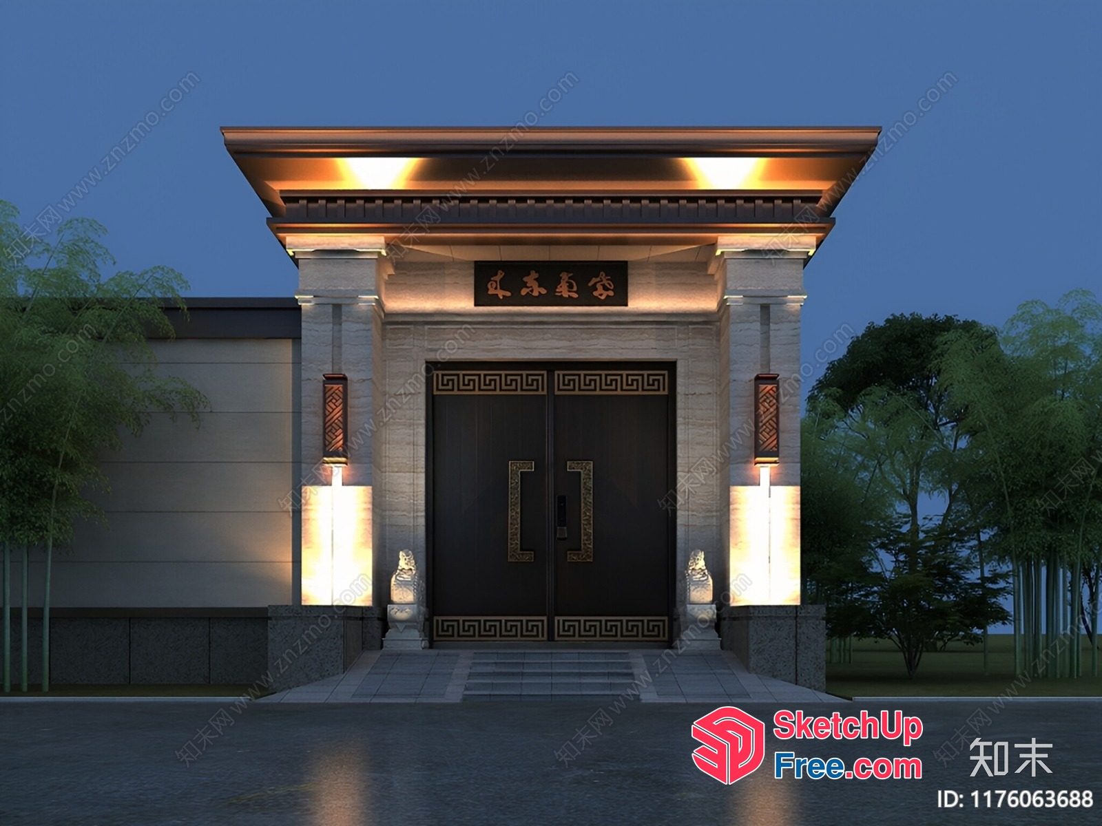 Ornate Double Door Entrance With Pillars 3D SketchUp File