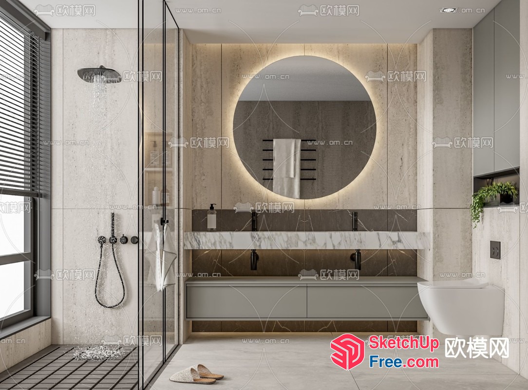Modern Bathroom With Circular Mirror And Marble Countertop 3D SketchUp File