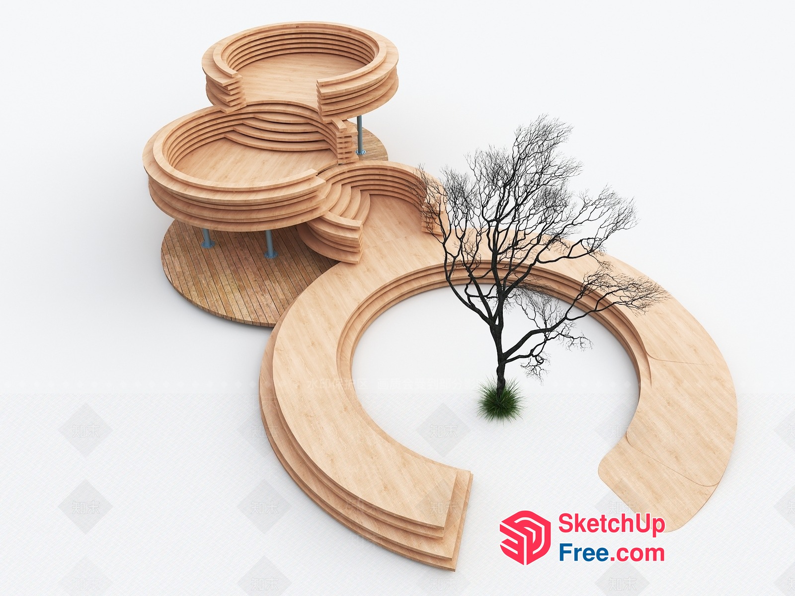 Curved Wooden Staircase With Circular Landings 3D SketchUp File