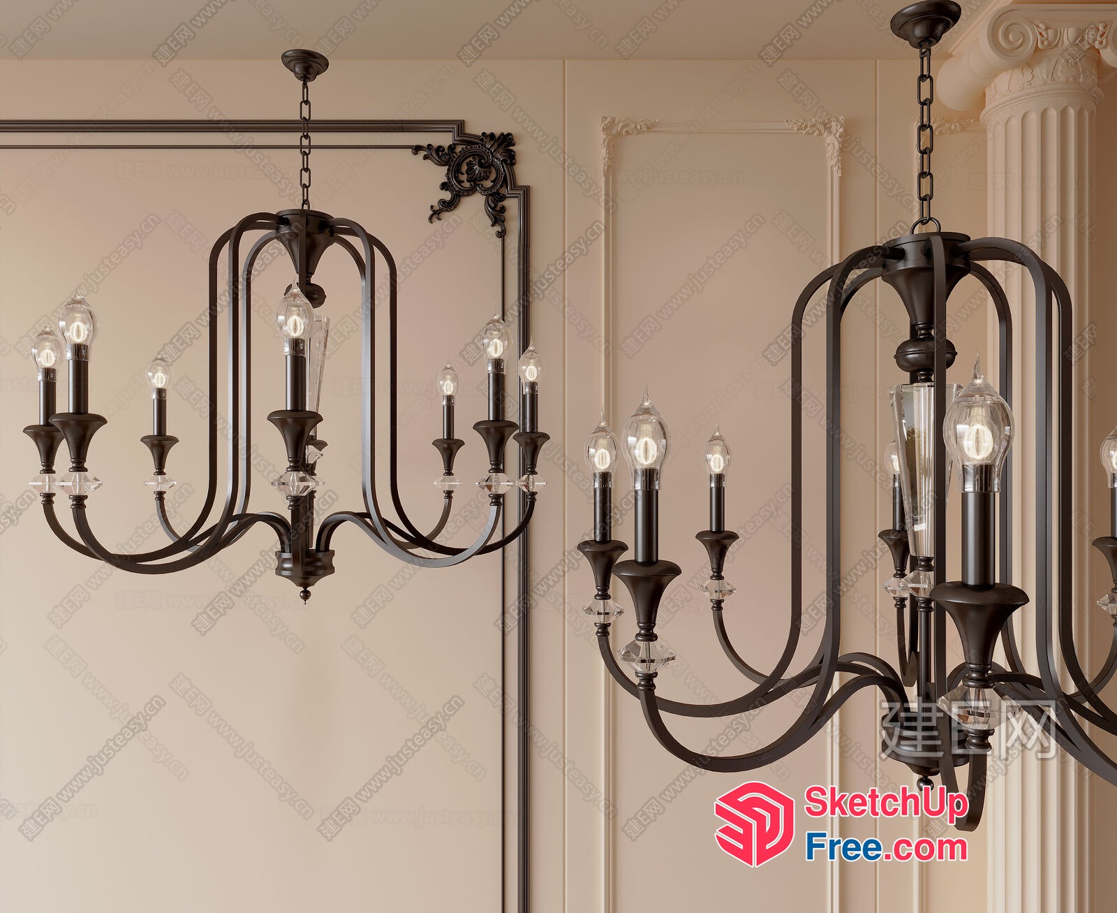 Elegant Black Chandeliers With Clear Glass Details 3D SketchUp File