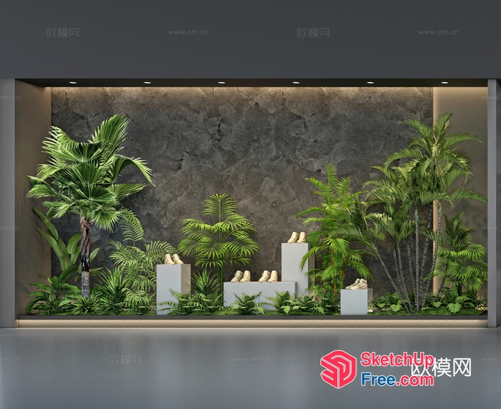Modern Tropical Shoe Display With Plants And Stone Wall 3D SketchUp File