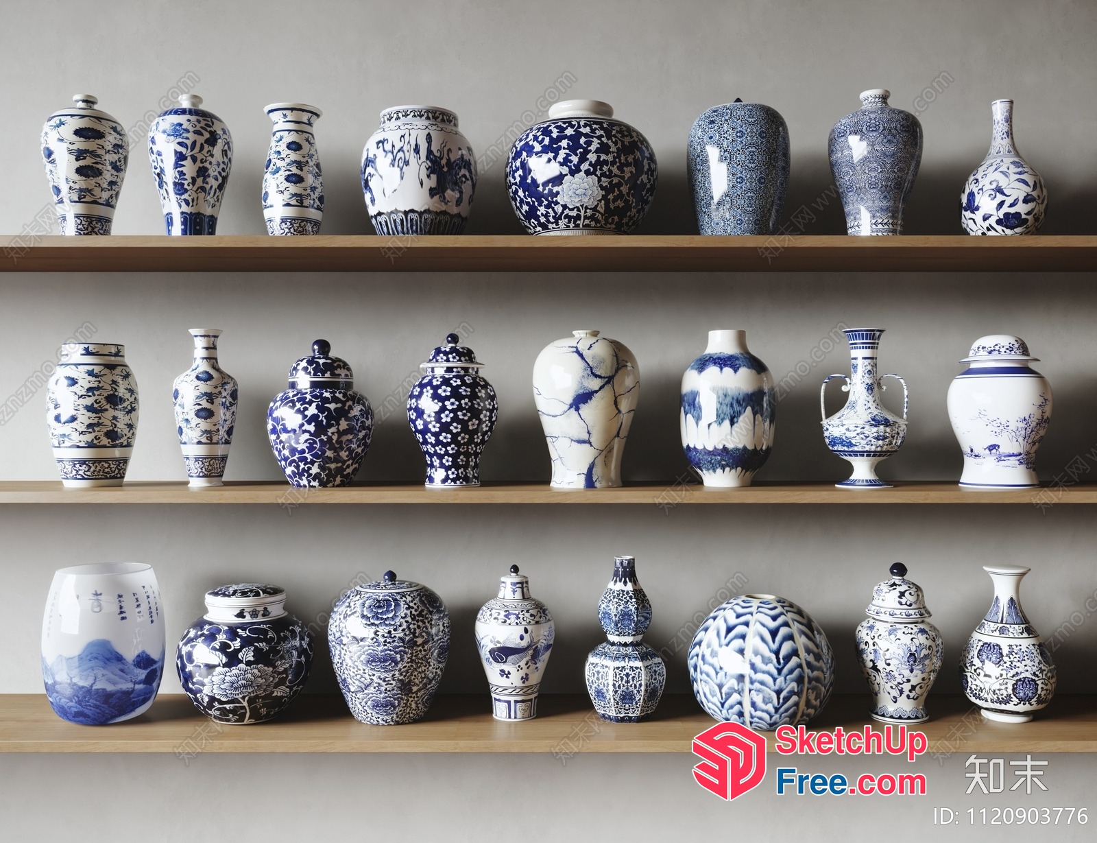 Blue And White Porcelain Vases On Wooden Shelves 3D SketchUp File