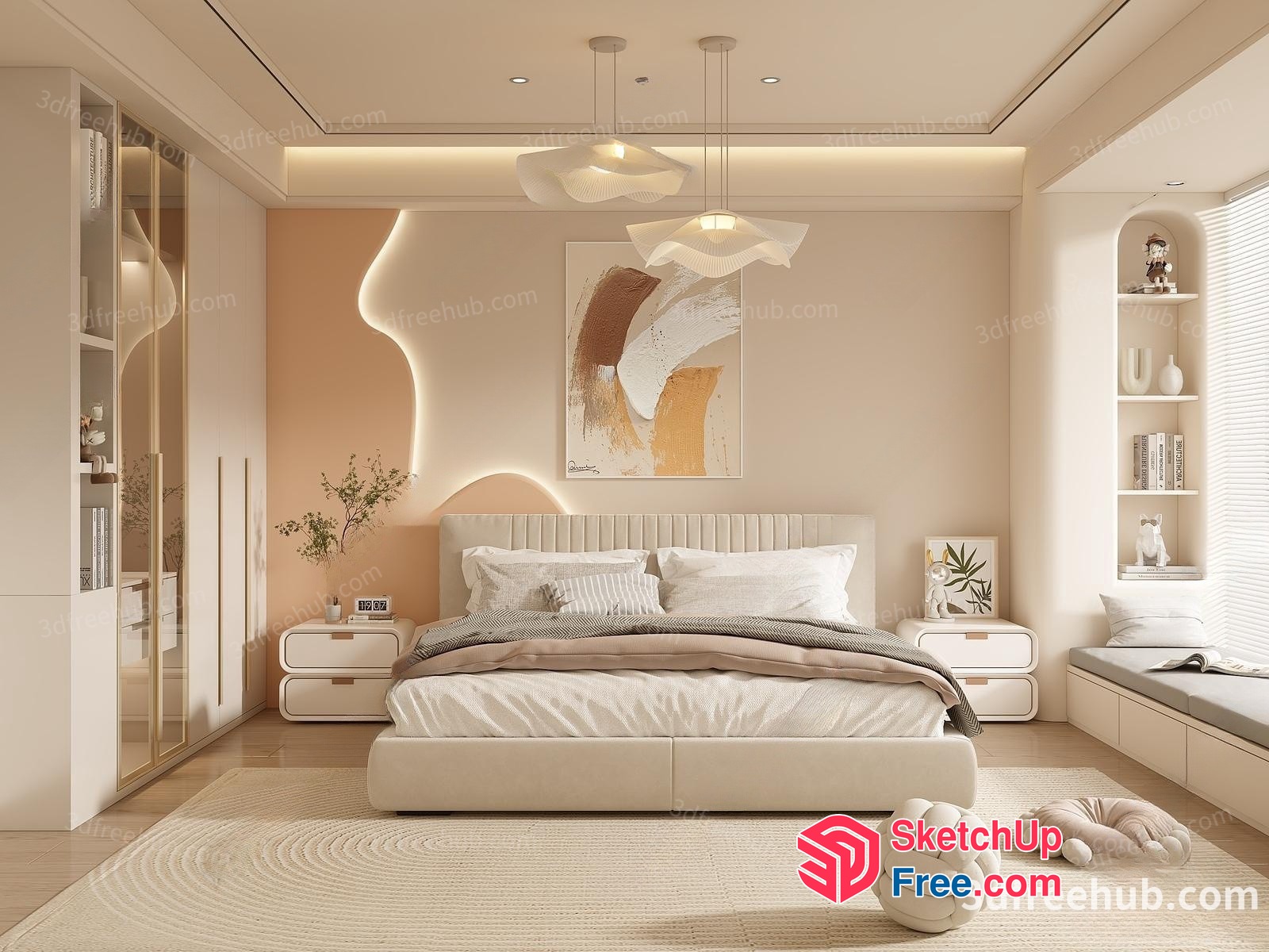 Elegant Creamy Style Bedroom Interior 3D SketchUp File