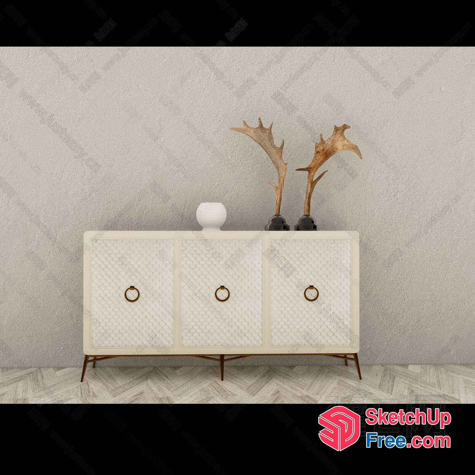 Elegant White Sideboard With Gold Accents And Modern Furniture 3D SketchUp File
