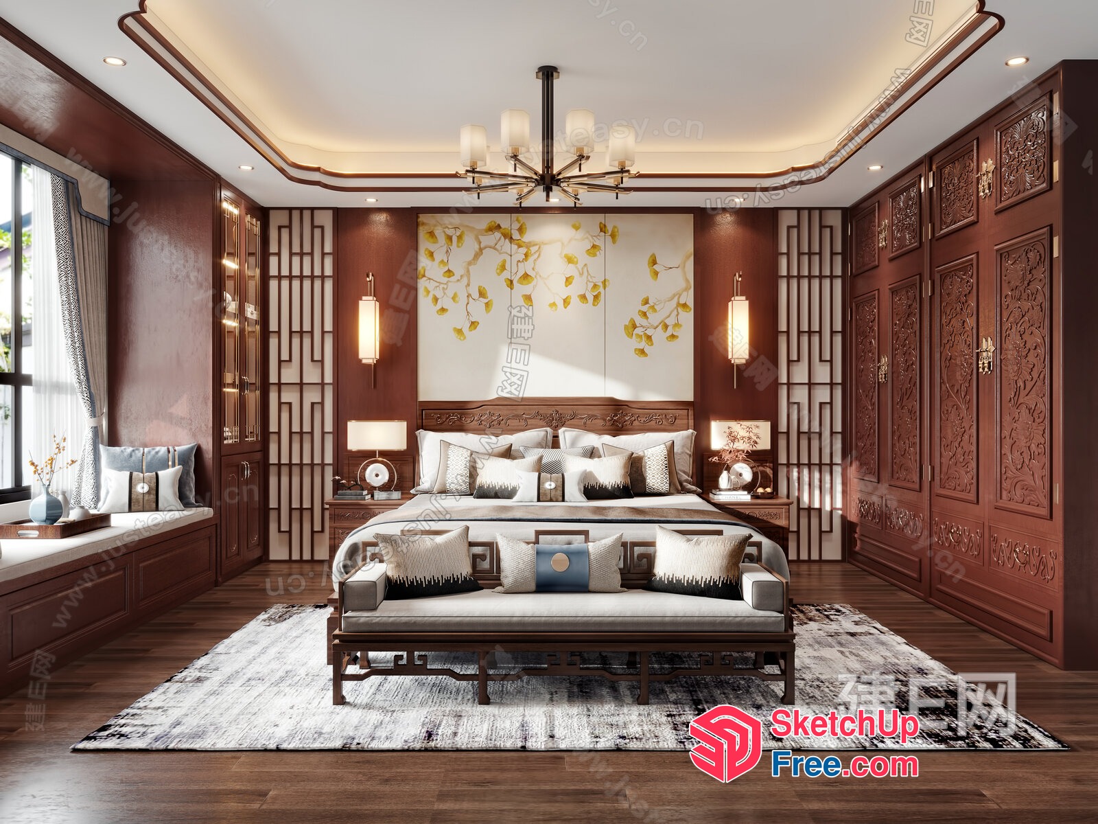 Traditional Asian-Inspired Bedroom With Carved Wood Accents 3D SketchUp File