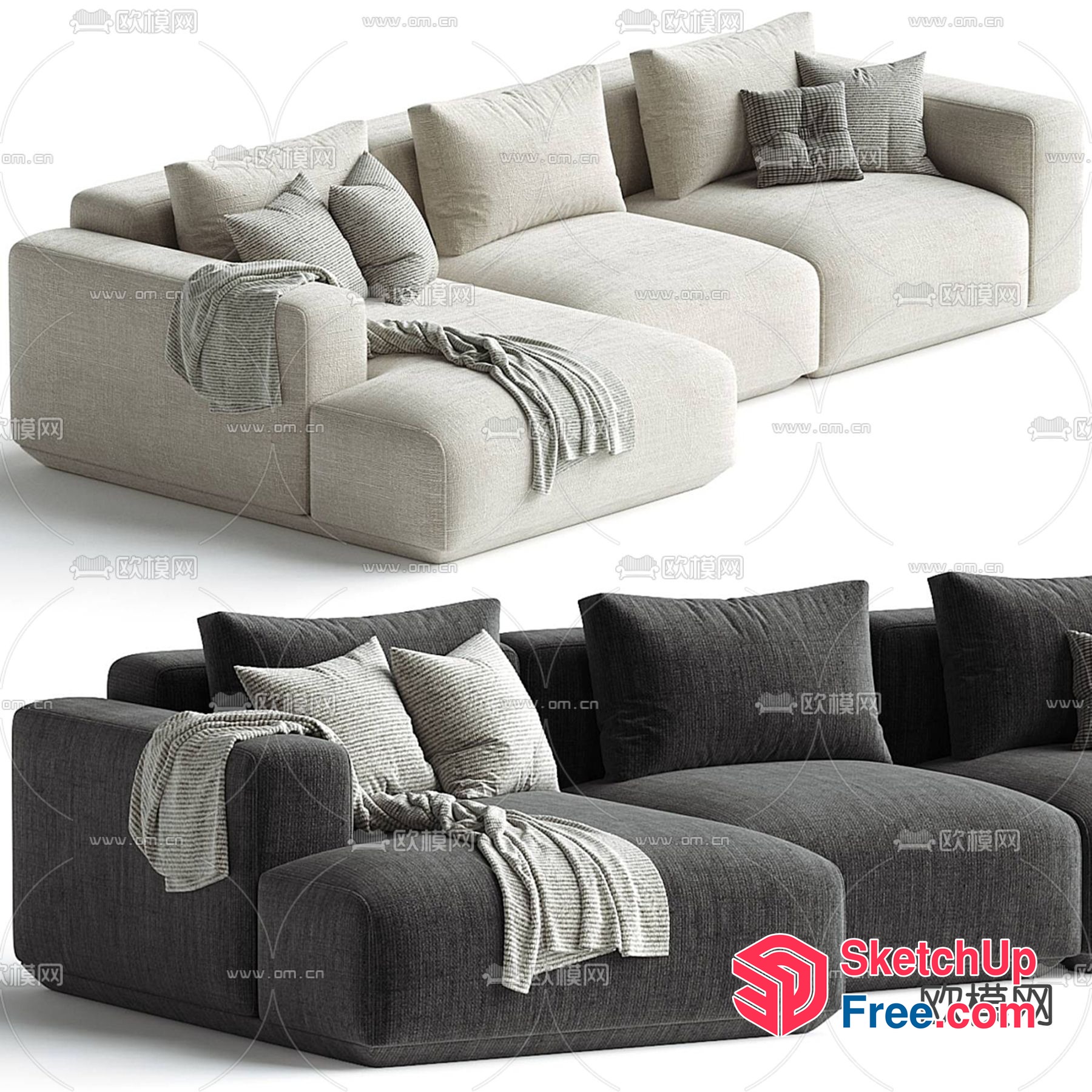 Modern L-Shaped Sofa Set With Pillows And Blanket 3D SketchUp File