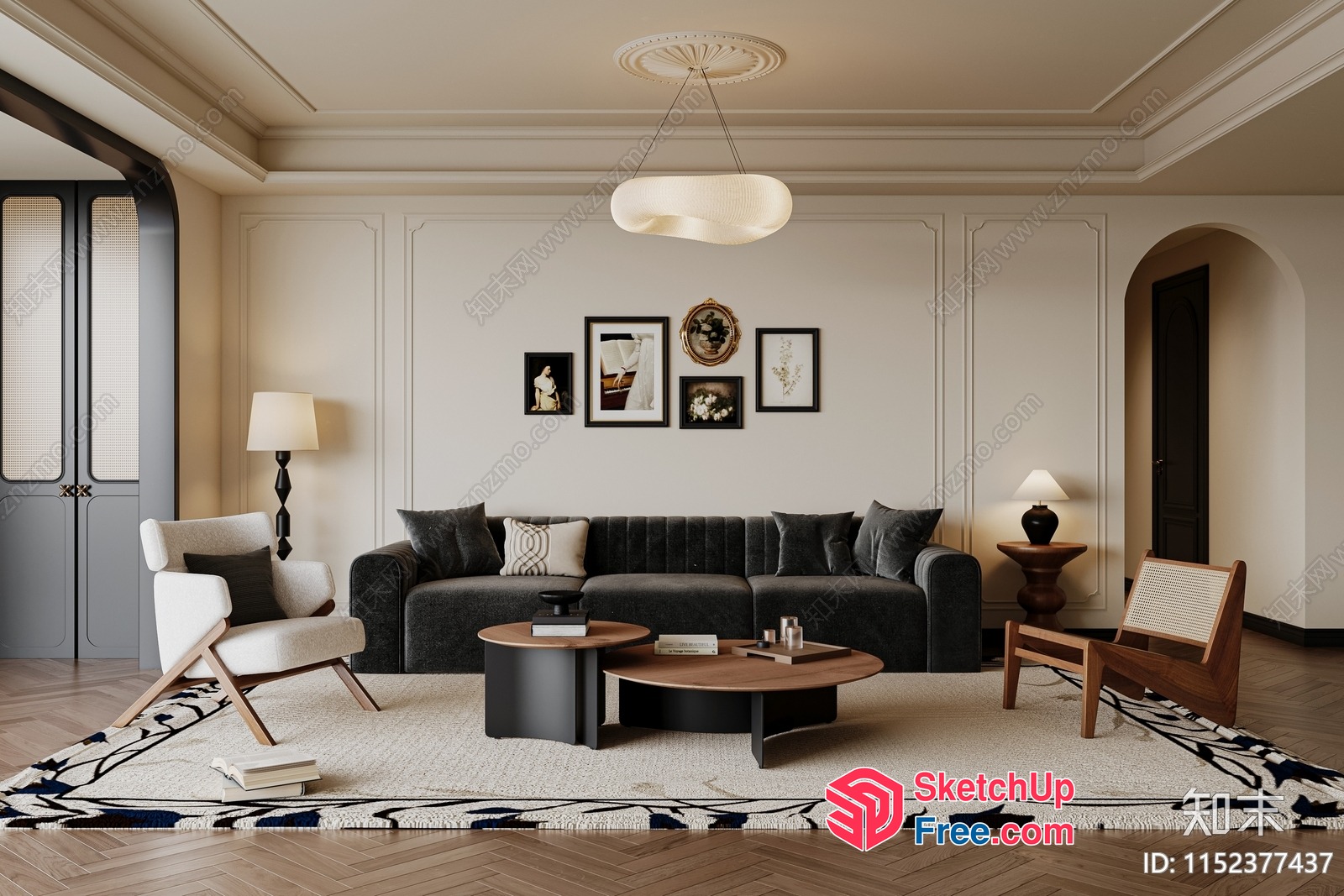 Elegant Living Room With Classic Moulding And Pillars 3D SketchUp File