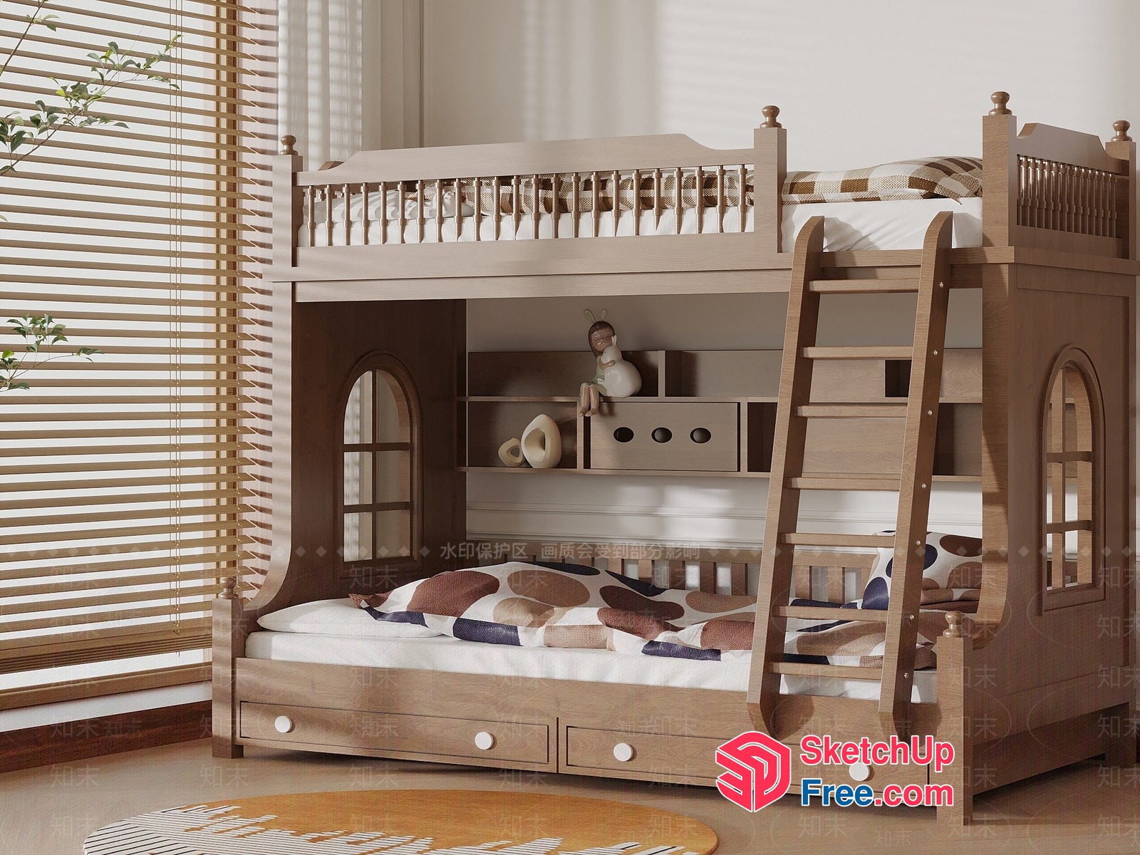 Cozy Wooden Bunk Bed With Built-In Storage 3D SketchUp File