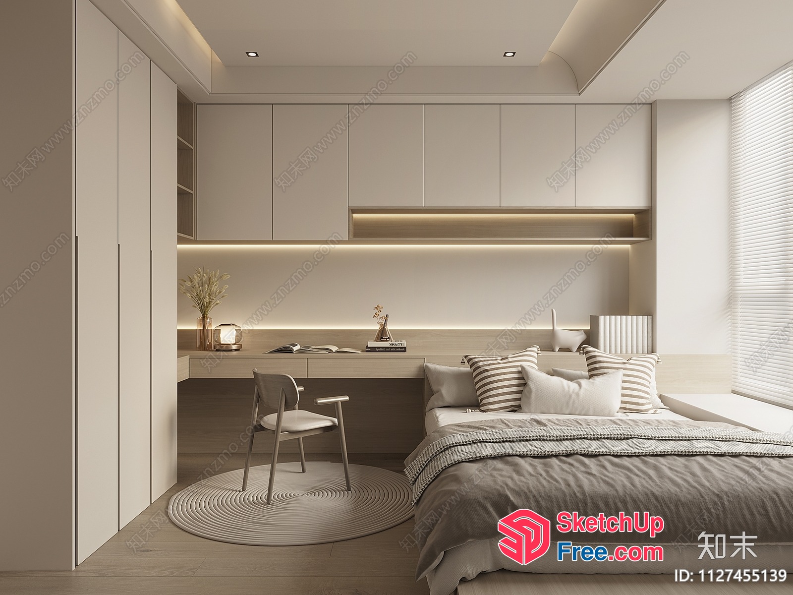 Modern Minimalist Bedroom With Large Bed And Desk 3D SketchUp File