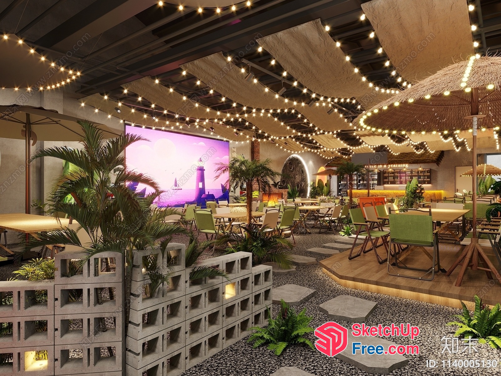 Tropical Restaurant With Lush Greenery And Cozy Ambiance 3D SketchUp File