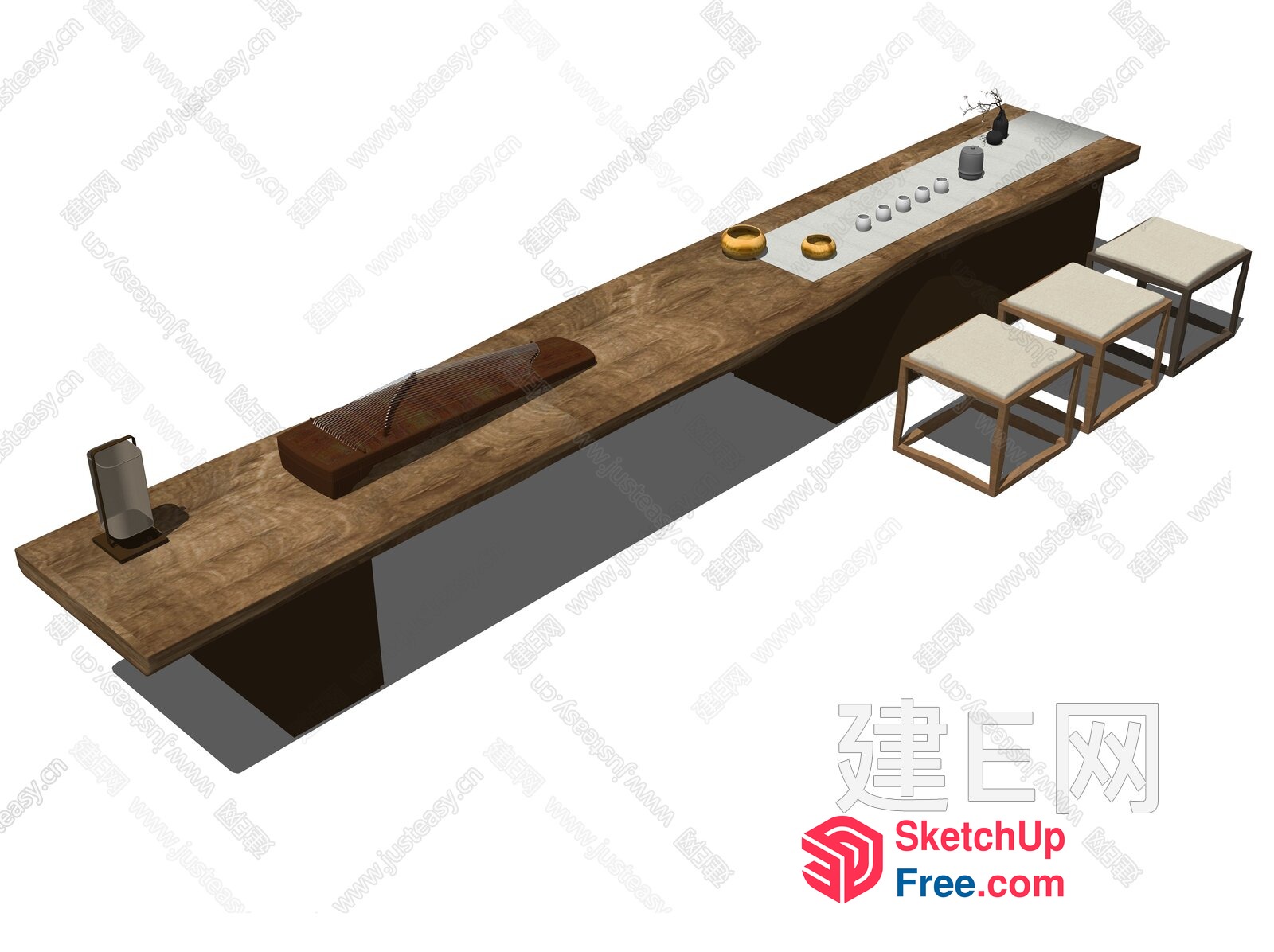 Elegant Japanese Style Long Table With Minimalist Decor 3D SketchUp File