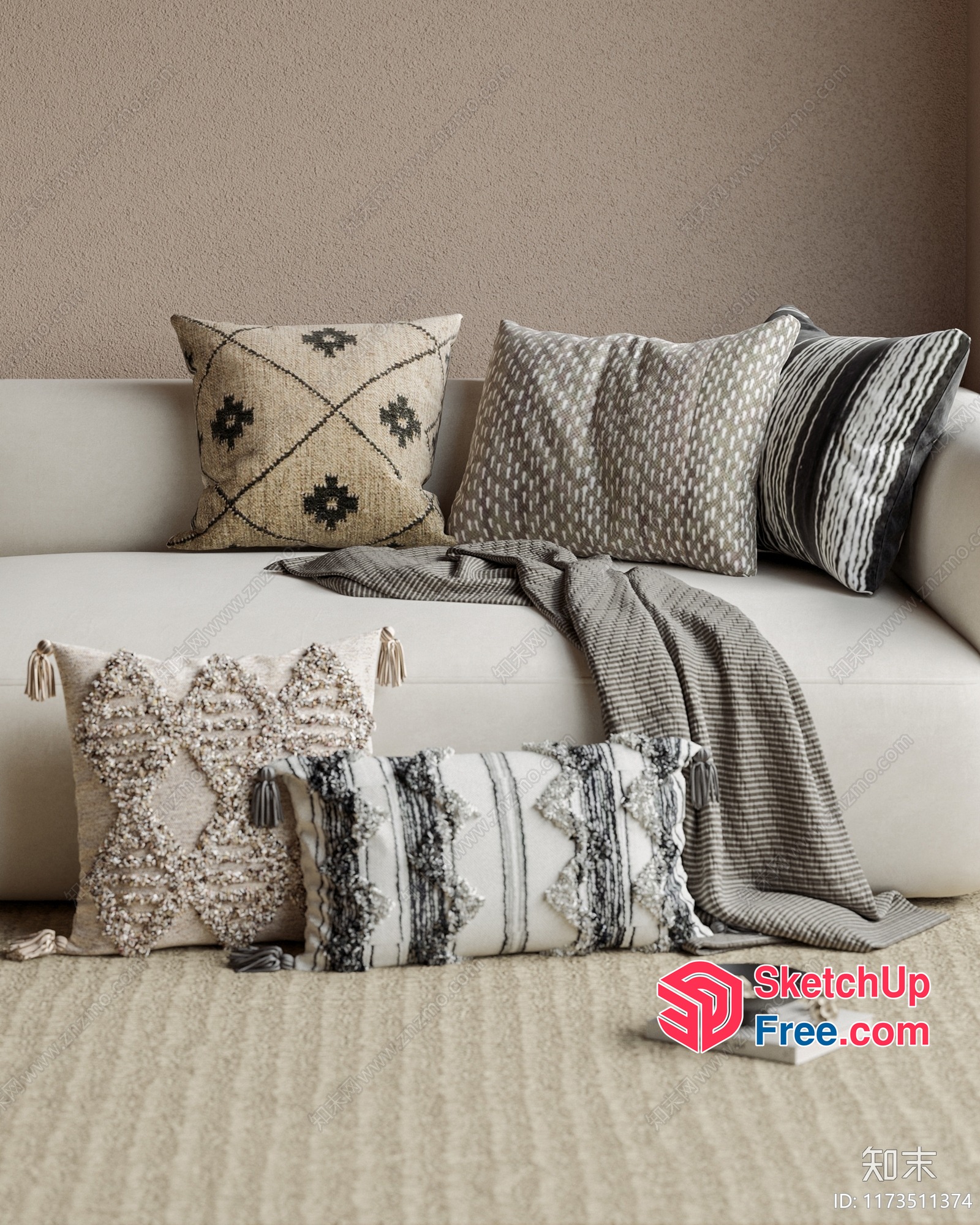 Neutral Toned Throw Pillows And Sofa 3D SketchUp File