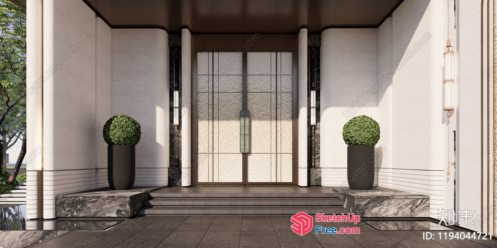 Elegant Entrance With Pillars And Potted Plants 3D SketchUp File