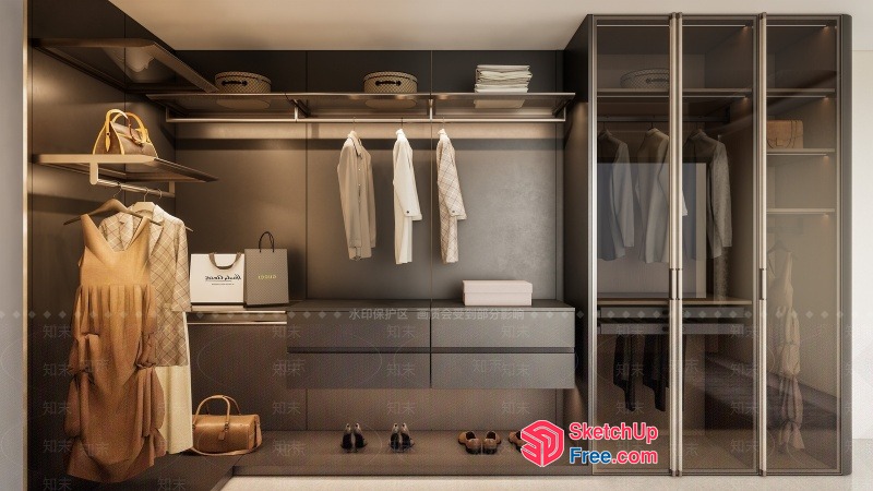 Modern Minimalist Wardrobe With Glass Doors And Drawers 3D SketchUp File