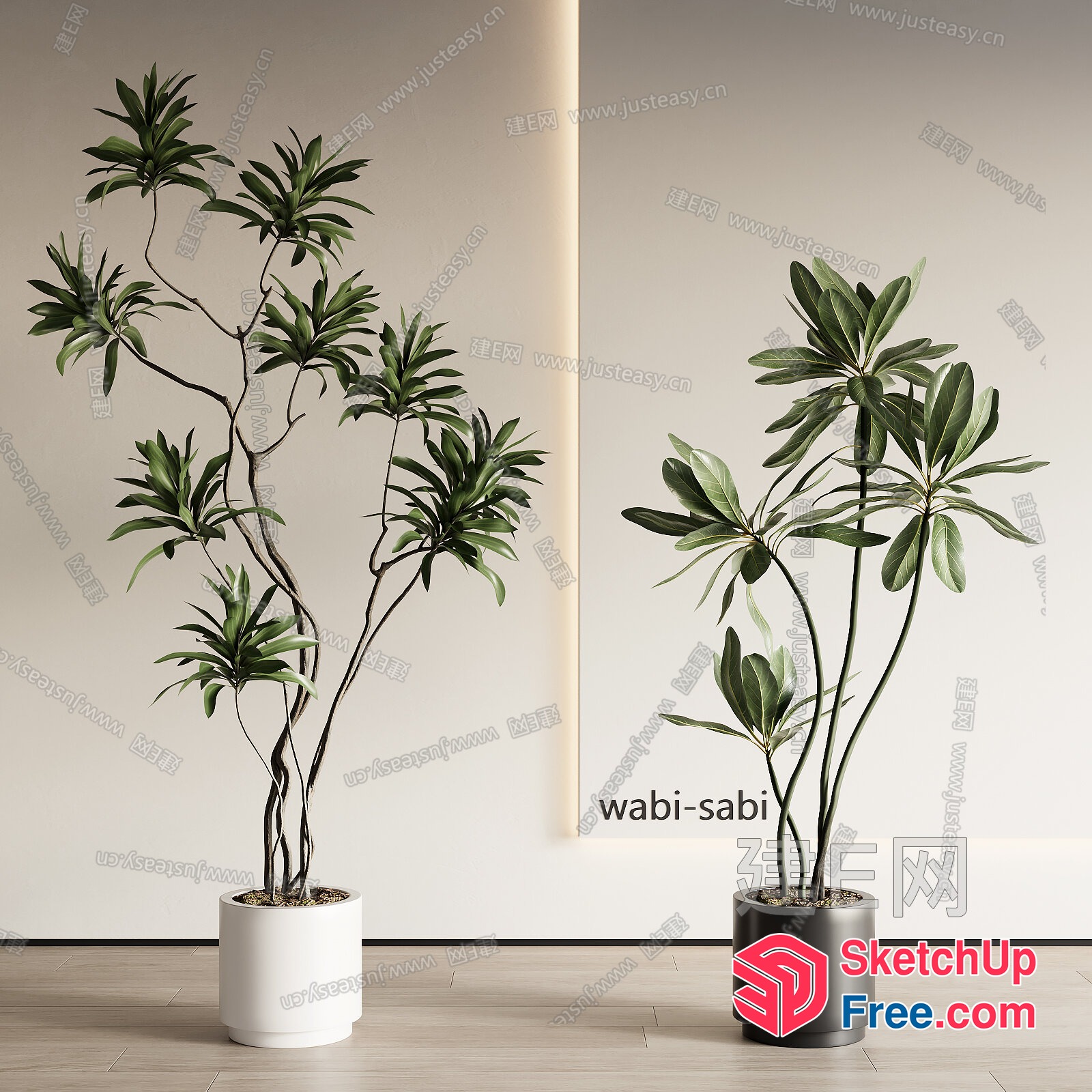 Two Potted Plants In White And Grey Pots 3D SketchUp File
