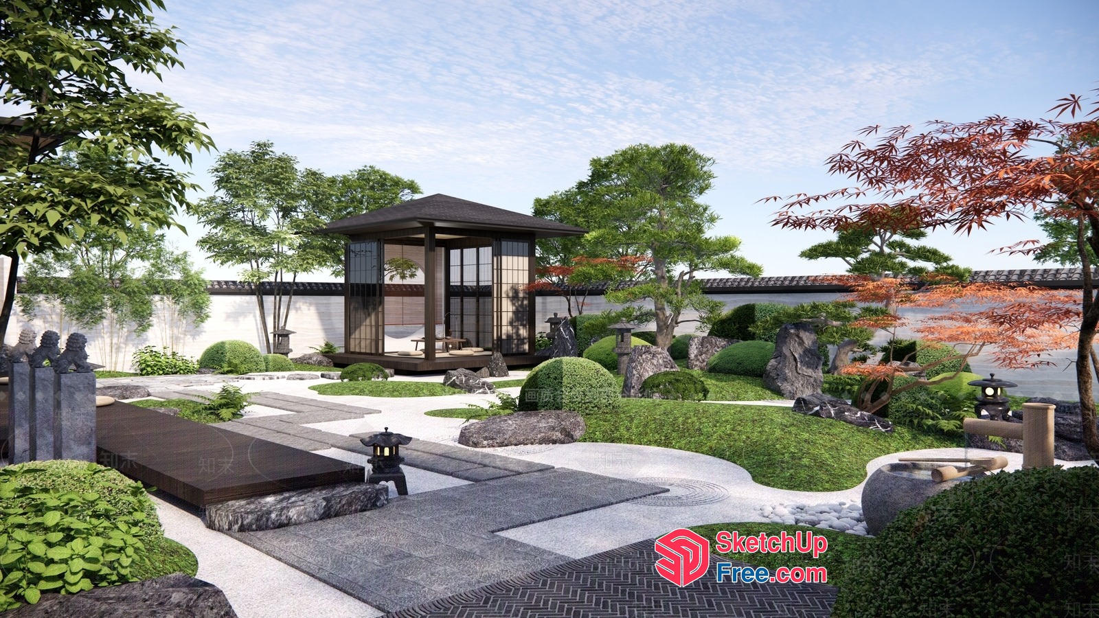 Japanese-Inspired Garden With Traditional Architecture 3D SketchUp File