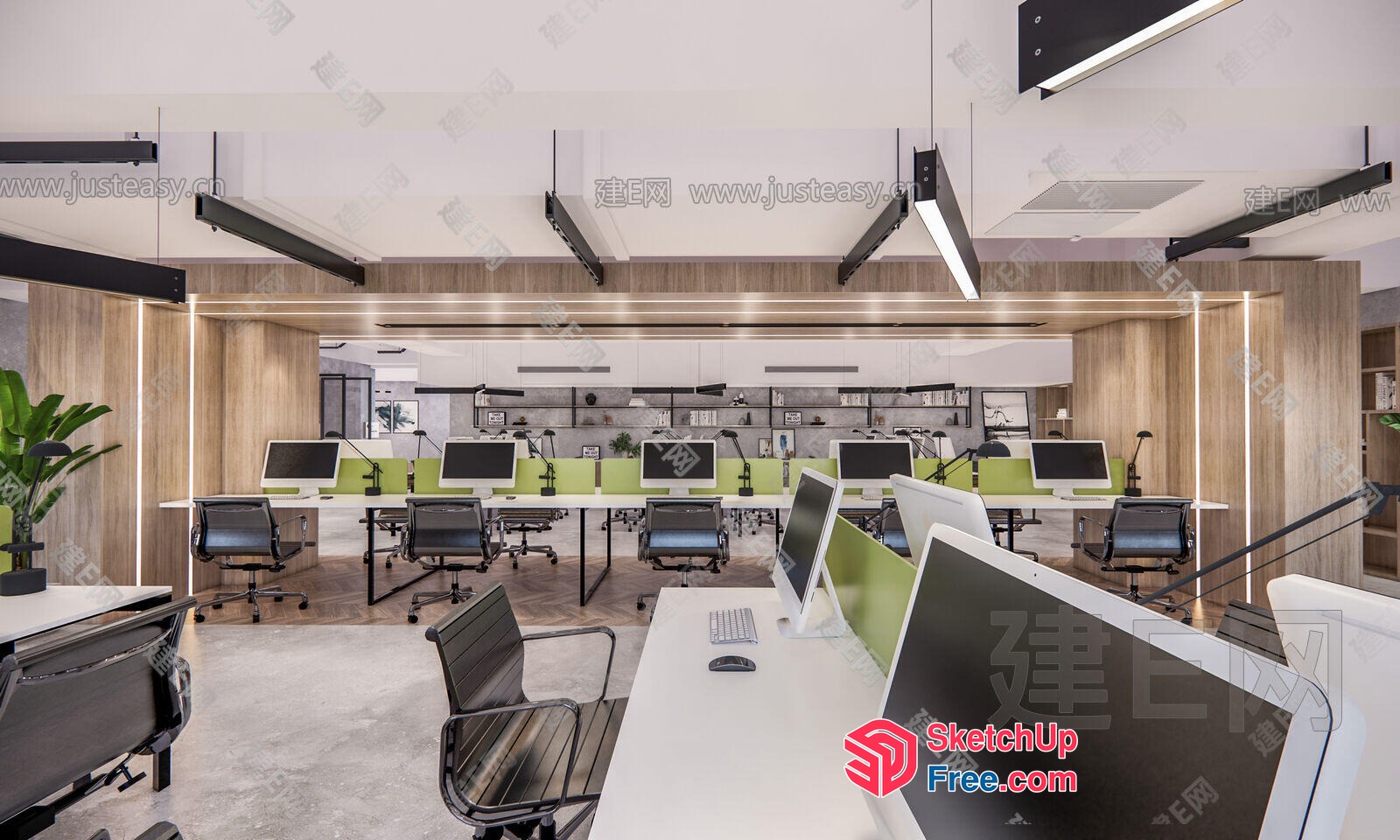Modern Office Space With Sleek Desks And Green Accents 3D SketchUp File