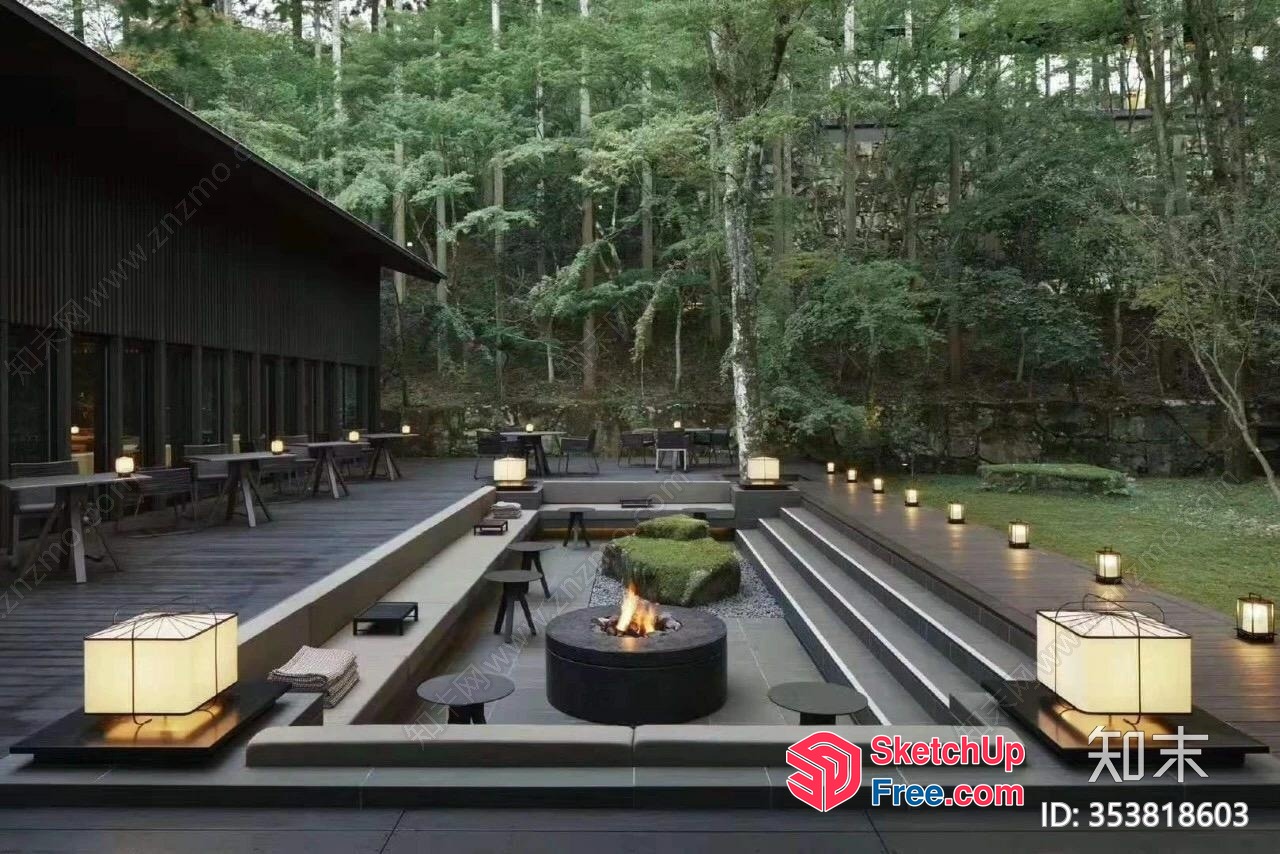 Modern Japanese-Inspired Outdoor Space With Fire Pit And Lanterns 3D SketchUp File